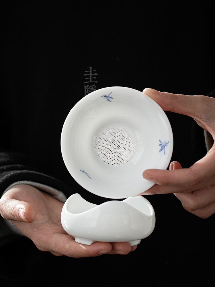 圭隐堂茶漏茶滤组手绘白瓷茶叶过滤茶器全瓷茶隔网功夫茶具零配件