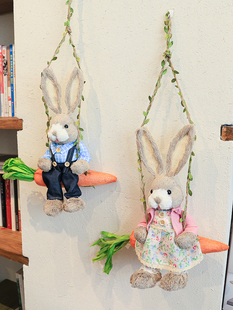 草编兔空中吊饰萝卜秋千环创创意手工diy壁挂装 饰品幼儿园田园风