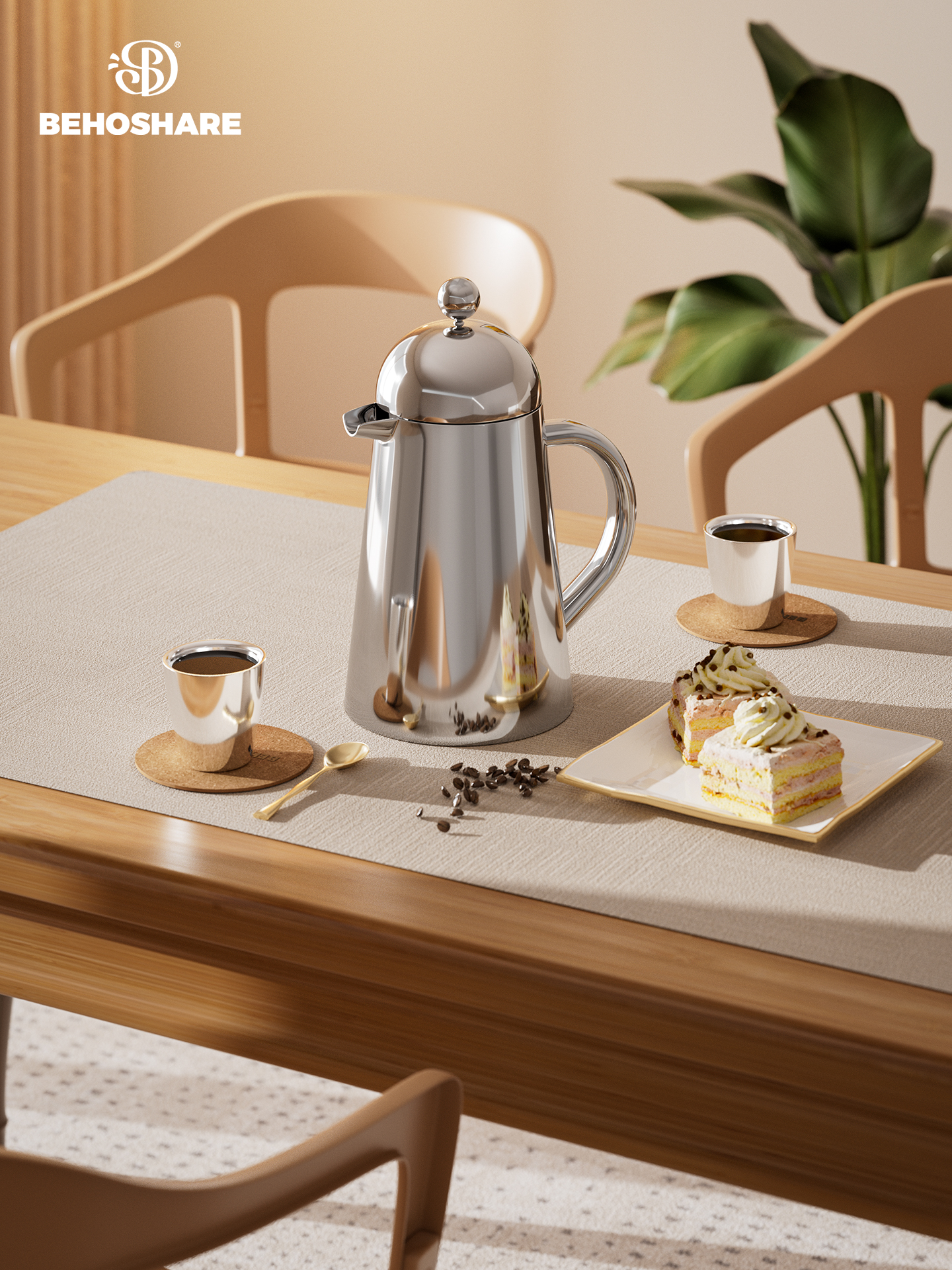 缤享欧式不锈钢咖啡法压壶双层家用手冲法式滤压壶冲茶器隔热保温