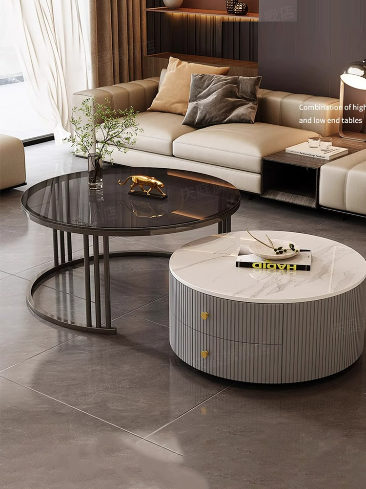 岩板茶几实木客厅家用现代简约新款可伸缩高级感小户型圆形茶桌