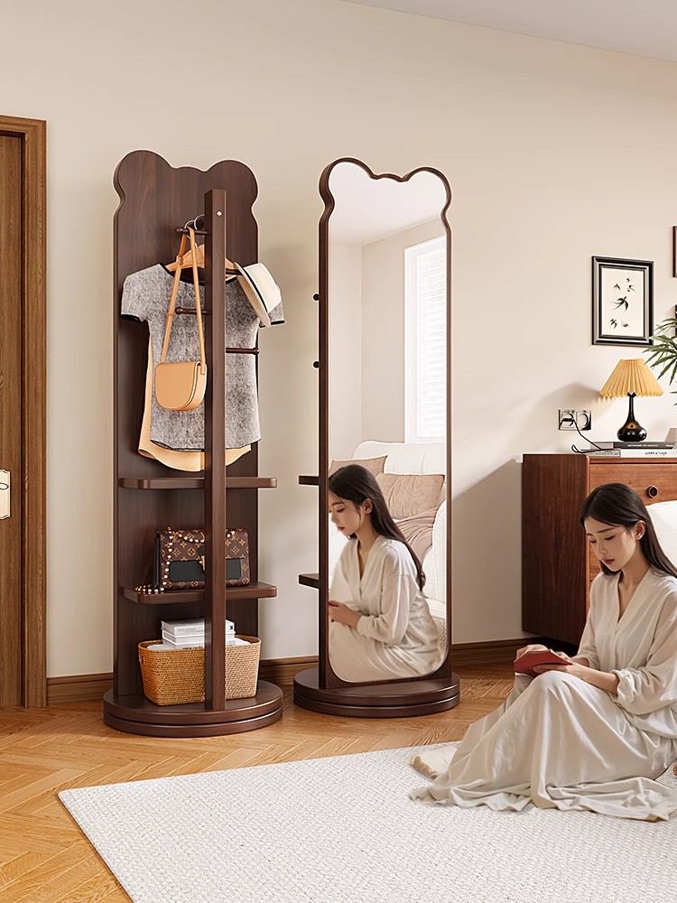 小熊全身镜落地镜家用卧室可旋转移动试衣镜子带挂衣架一体穿衣镜