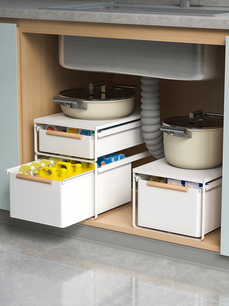 下水槽置物架抽拉式调料架厨房拉篮双层抽屉式橱柜收纳神器免安装