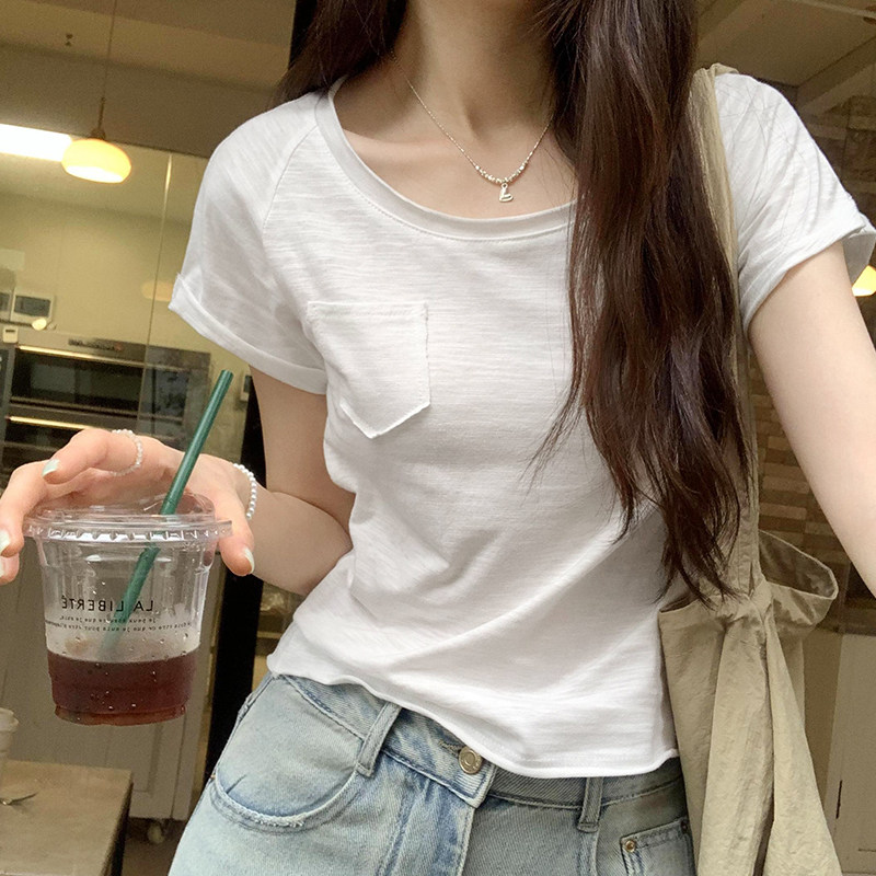春夏女t恤低圆领口袋竹节白色短袖新款百搭修身显瘦上衣0226k