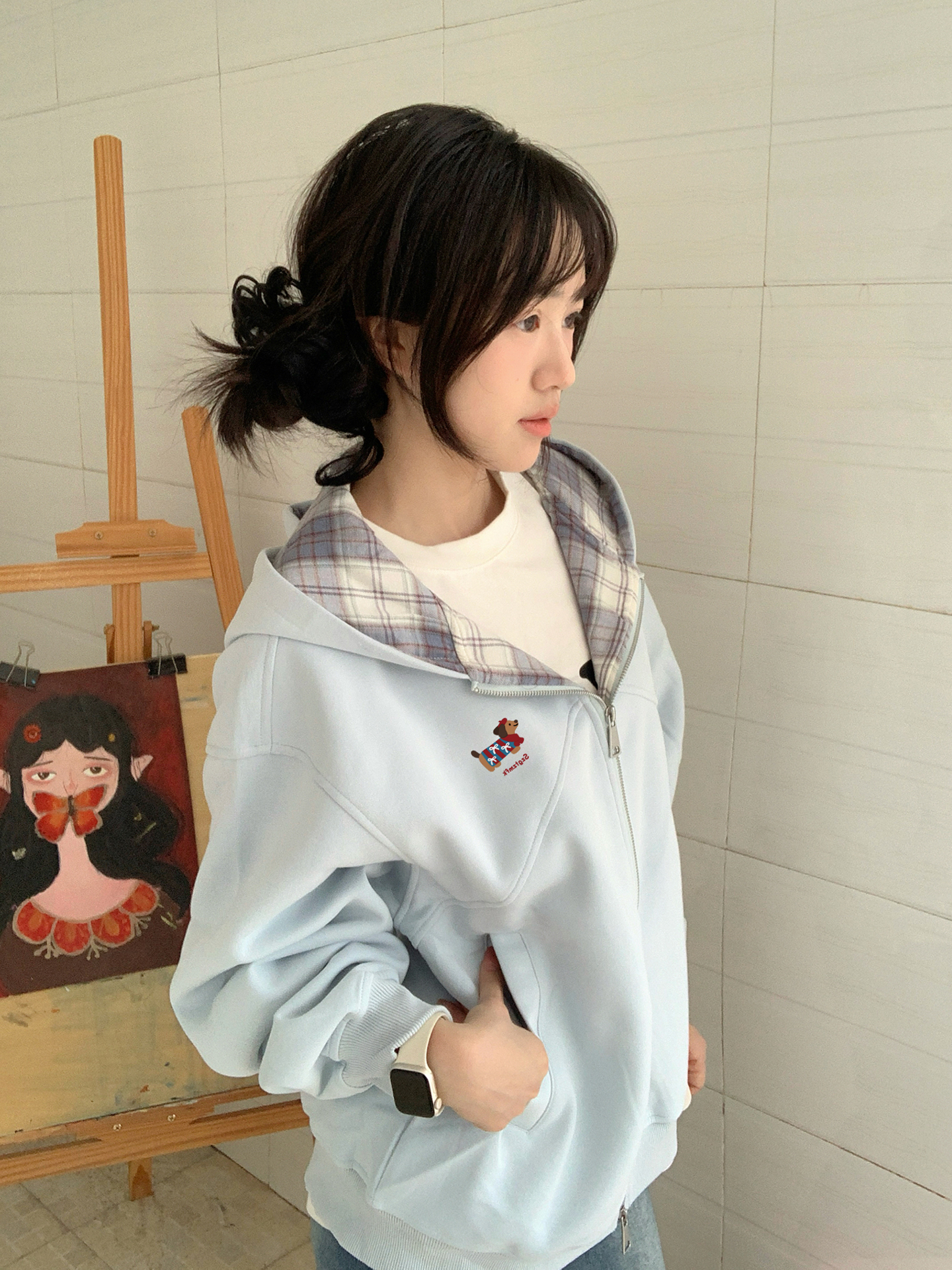 蓝色小狗刺绣拉链开衫卫衣女2025新款秋季宽松慵懒风格子连帽外套