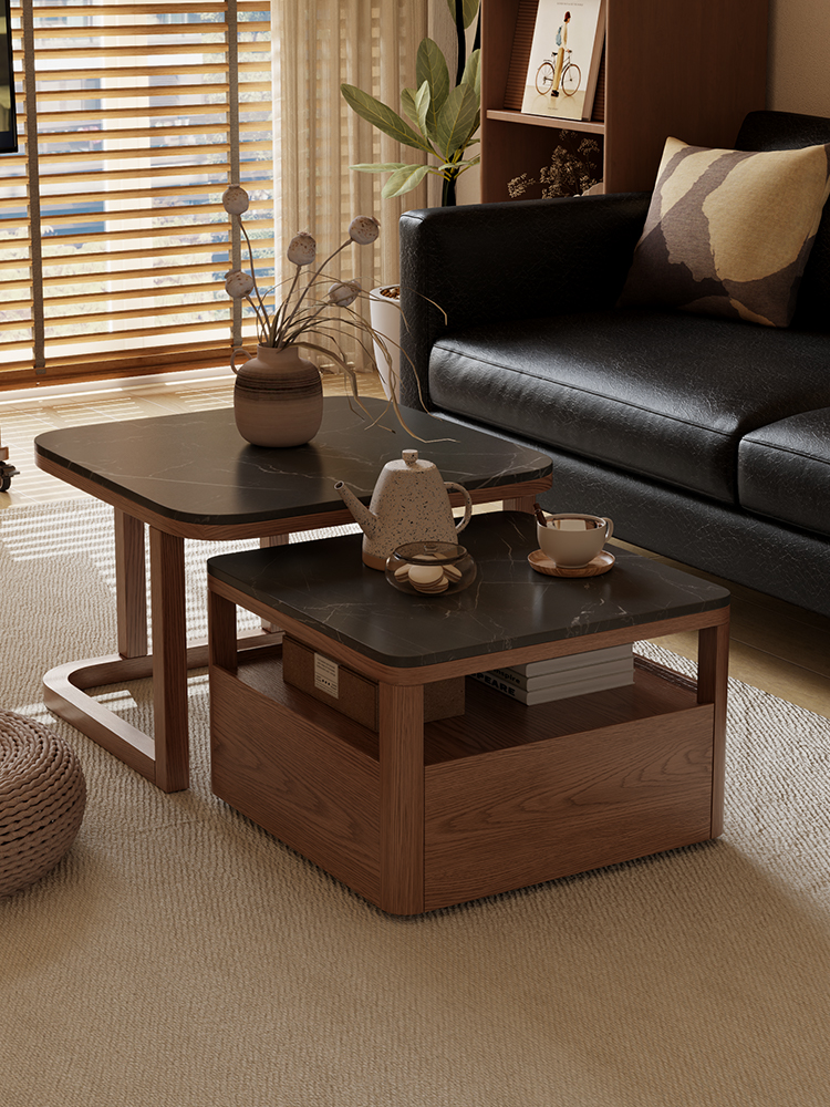 实木伸缩方形茶几组合客厅家用小户型现代简约茶台岩板矮茶桌