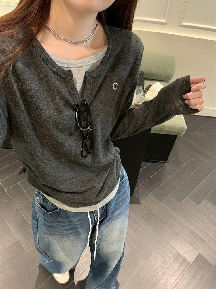 2025新款韩版拼接撞色设计感小众长袖T恤女春秋修身韩版打底衫内