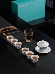 天福彼物青花手绘青莲盖碗组陶瓷茶具套装新款家用功夫茶具礼盒装
