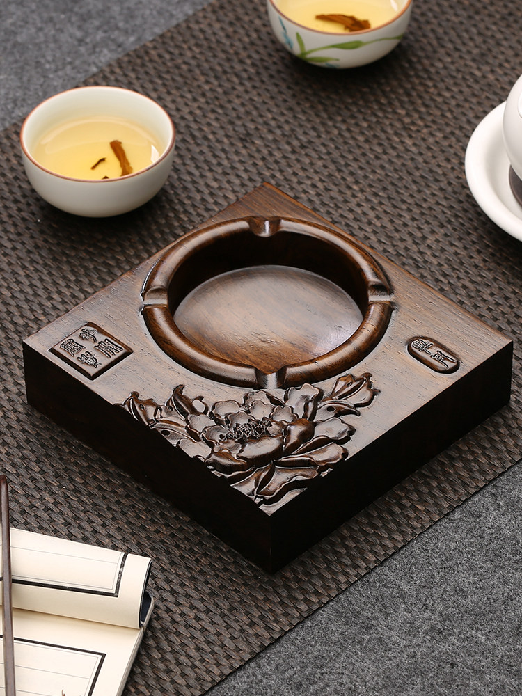 黑檀木雕新中式复古烟灰缸 创意大号客厅办公室实木质灭烟缸摆件