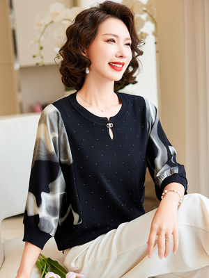 中年妈妈秋装薄款针织洋气小衫2024新款中老年女装t恤上衣服套装