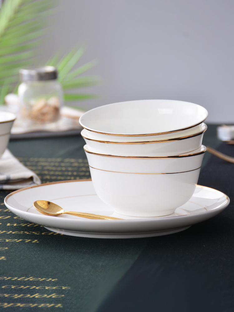 金边碗4.5英寸骨瓷碗米饭碗家用4个装陶瓷碗喇叭碗白瓷碗6寸面碗