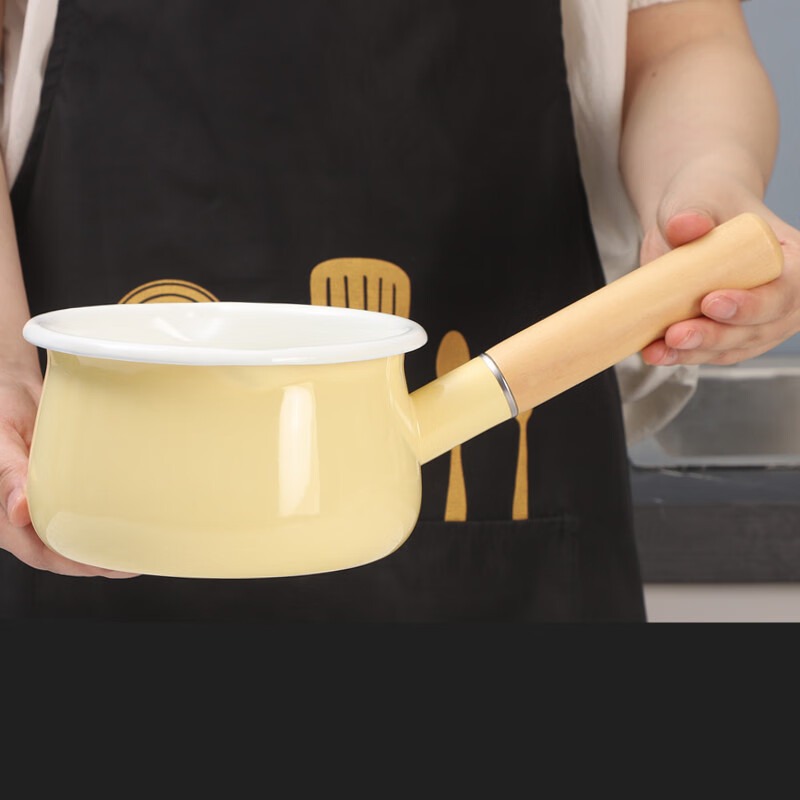 欧丽家搪瓷珐琅木柄奶锅1.1L单柄煮牛奶锅泡面锅宝宝辅食北欧风格