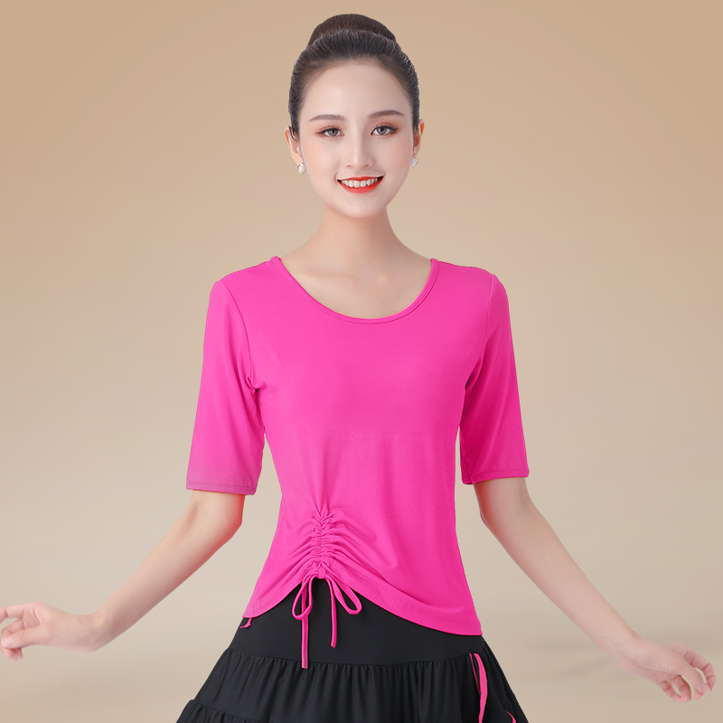 广场舞服装春夏新款中袖上衣抽绳舞蹈练功演出服修身跳舞衣服女秋