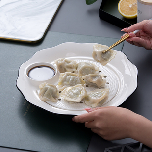 饺子沥水盘盘家用带醋碟纯白双层创意陶瓷虾盘釉下彩大号水饺盘子