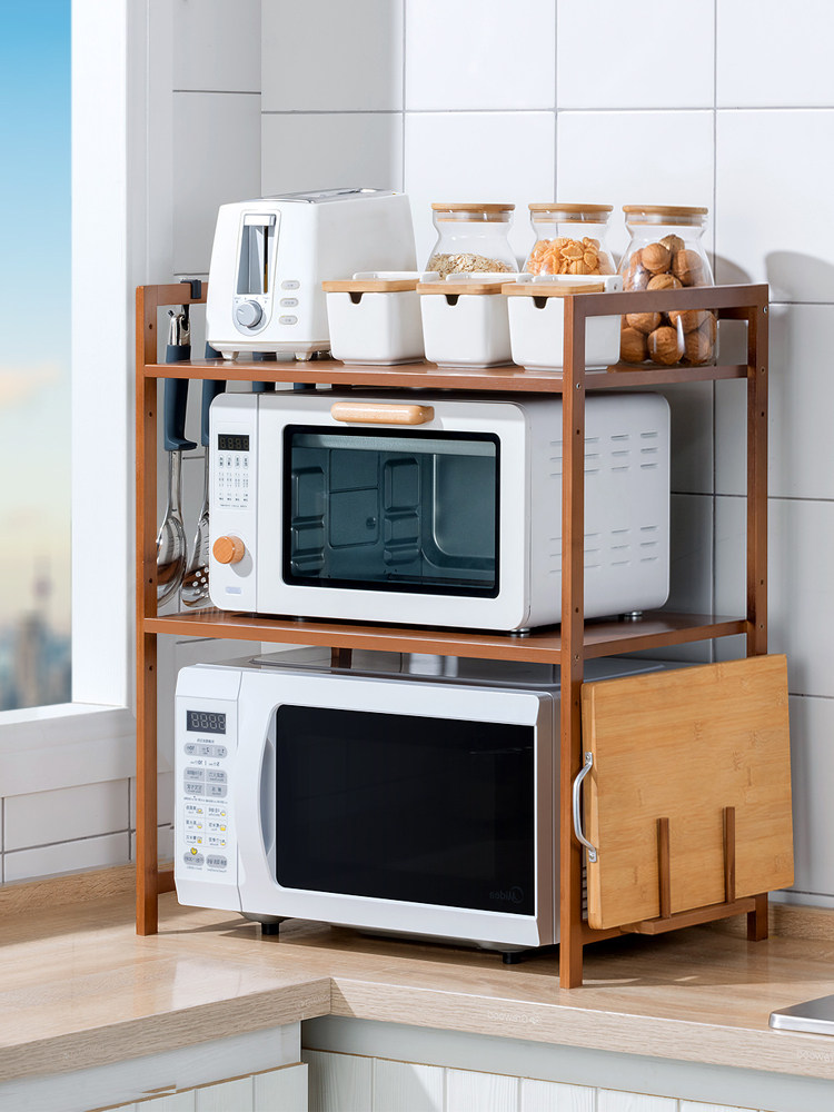 十一维度厨房置物架台面双层微波炉架子桌面调料烤箱收纳架竹实木
