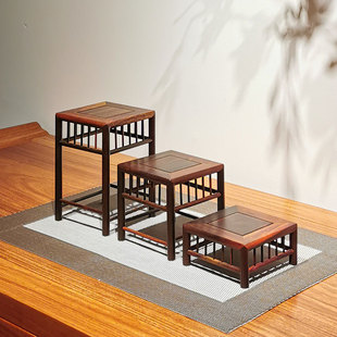 红木雕刻工艺品明式开窗小花几实木中式红枝枝正方形石头底座木托