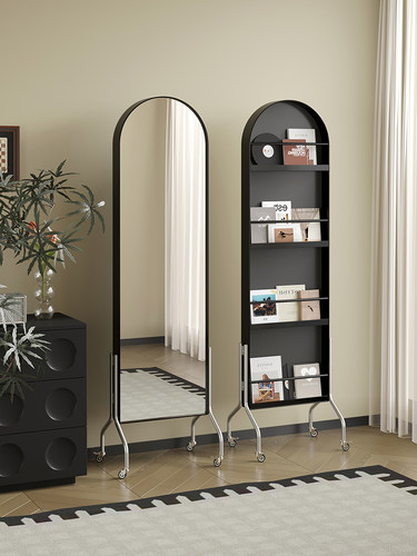 可移动全身镜轻奢风收纳杂志架落地书报展示置物架旋转穿衣镜镜子
