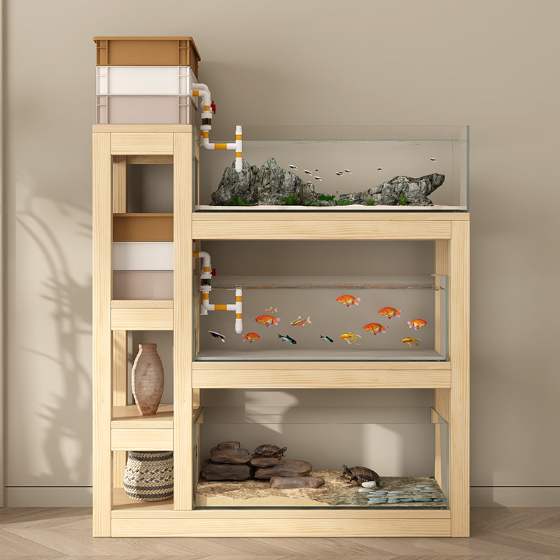 实木花架鱼缸架子家用客厅落地摆放架多层高低错落三层置物架底架