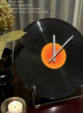 复古落日黑胶唱片创意台式艺术时钟ins风客厅玄关装饰书桌面摆件