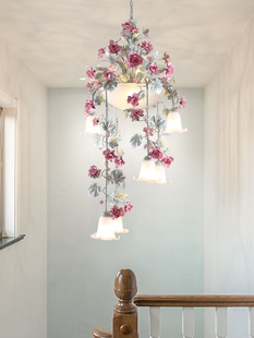 田园风lofo复式楼梯吊灯浪漫手工铁艺玫瑰花草挑空别墅客厅长吊灯