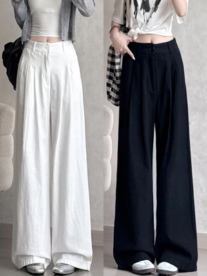 白色棉麻西装裤女夏季薄款直筒高腰显瘦垂感老钱风宽松休闲阔腿裤
