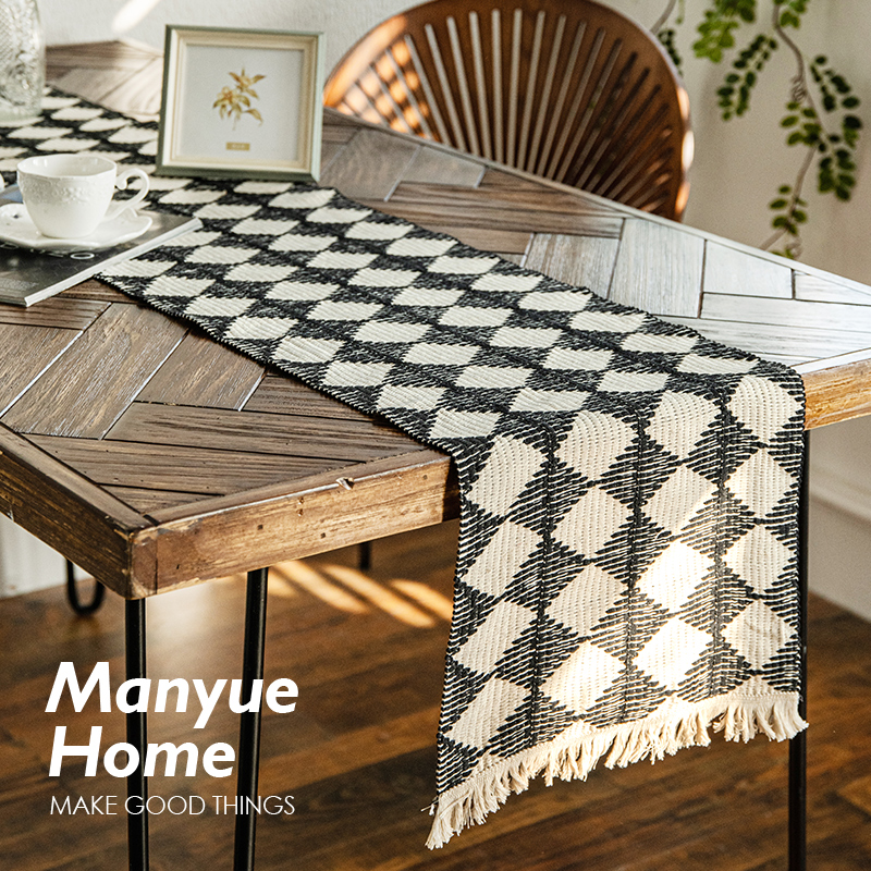 蔓越家 北欧复古黑白格棉麻桌旗餐垫派对装饰编织隔热桌垫长条