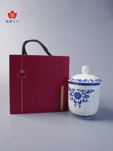 国瓷红叶陶瓷釉中青花玲珑家用送礼茶具茶杯礼盒办公杯景德镇