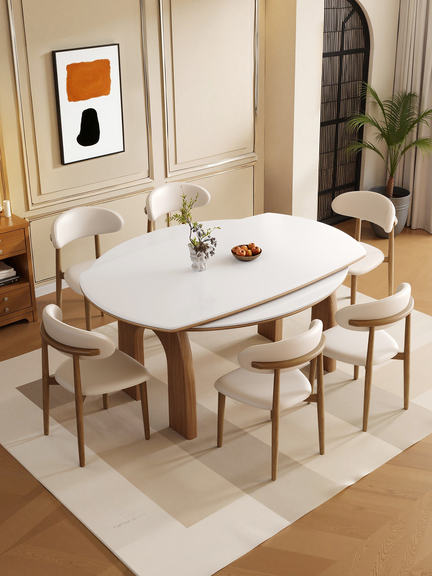 原木侘寂风可伸缩实木餐桌可变圆桌北欧小户型折叠两用岩板吃饭桌