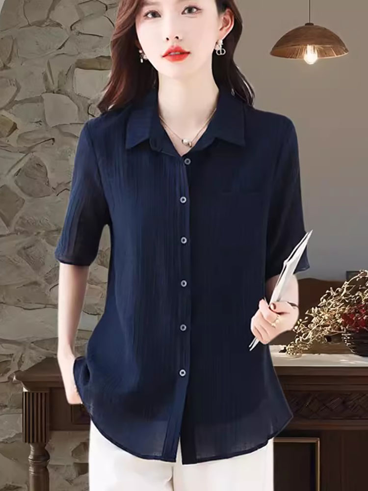 中年妈妈高级感雪纺短袖衬衫女士夏装薄款宽松大码胖MM遮肚上衣