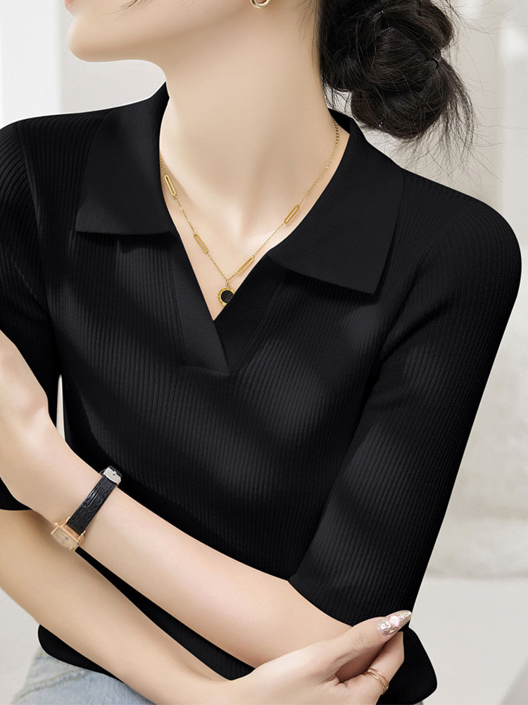 中年妈妈正肩翻领针织短袖女士夏季薄款新款莱赛尔T恤POLO领上衣