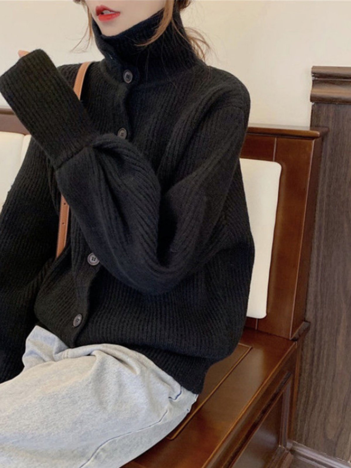 黑色外套高领毛衣女秋冬加厚2025新款短款宽松慵懒风针织开衫韩系