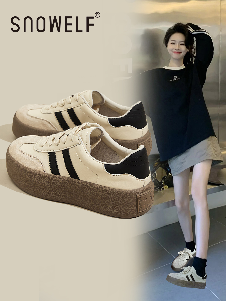 运动鞋厚底休闲板鞋女2025秋冬女款新款米色加绒女鞋内增高德训鞋