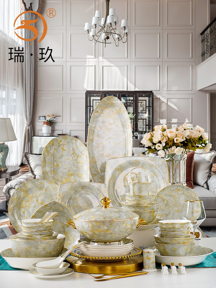 轻奢金边骨瓷108头餐具套装会所宴会碗盘碟组合结婚乔迁餐具礼盒