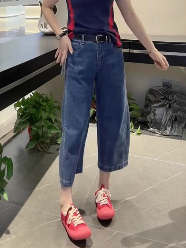 弯刀牛仔裤女夏季薄款2025新款高腰宽松大码显瘦小个子八分阔腿裤