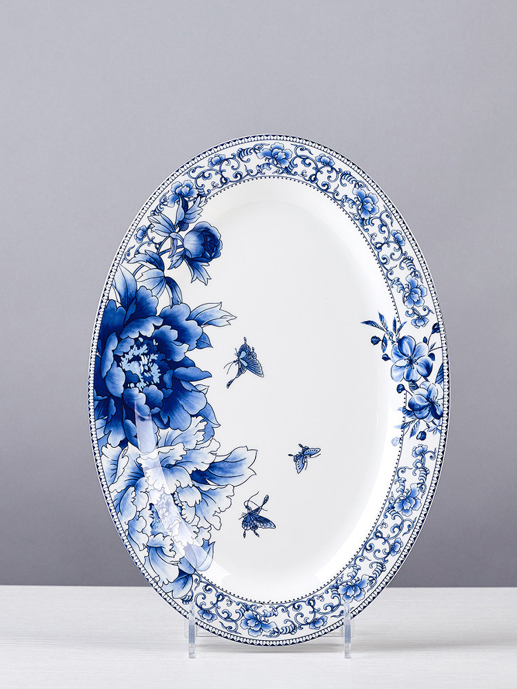 鱼盘家用2025新款景德镇陶瓷骨瓷椭圆形高级感青花瓷中式蒸鱼盘子