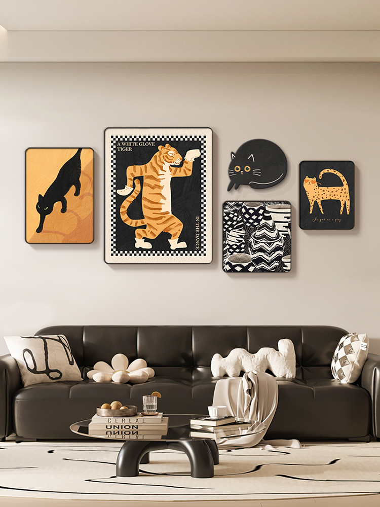 多巴胺客厅装饰画组合小众艺术动物沙发背景墙挂画中古风卡通壁画图片
