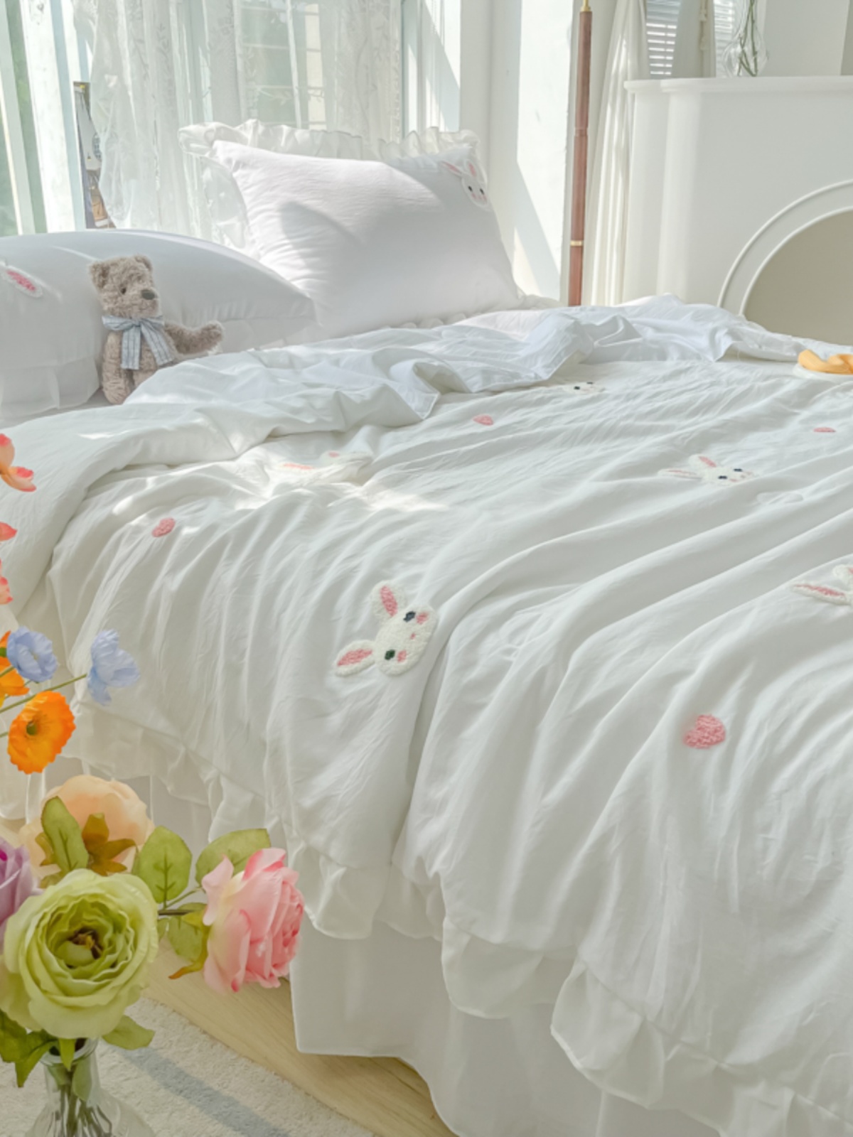 2024新款小兔子三四件套床裙被套床单床罩纯色水洗棉春夏床上用品