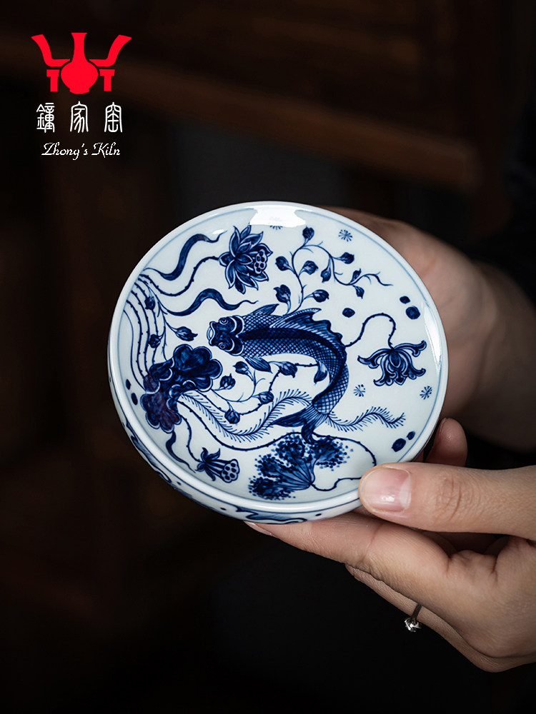 钟家窑陶瓷盖置 柴窑青花瓷手绘经典鱼藻纹壶盖托杯垫茶垫茶盖置