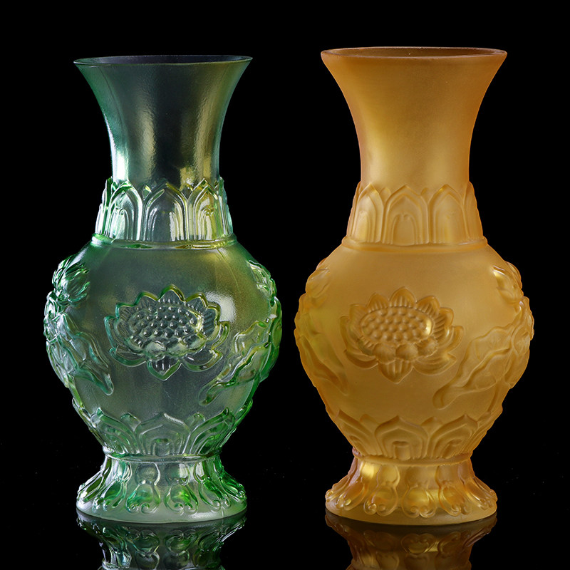 琉璃花瓶摆件客厅插花供佛浮雕莲花观音净瓶玻璃花瓶一对