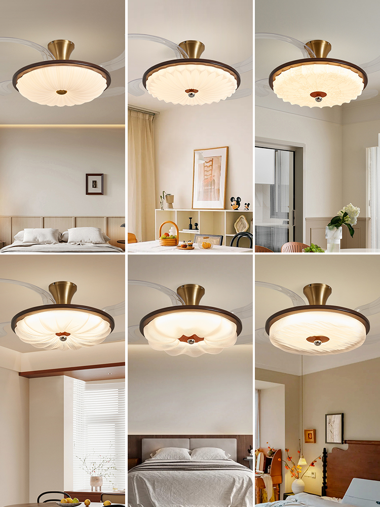 中古风扇灯餐厅卧室风扇灯新中式胡桃实木隐形电扇一体客厅吊扇灯