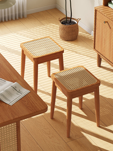 三梦实木藤编椅子家用可叠放餐厅餐椅餐桌凳子中古高级化妆靠背椅