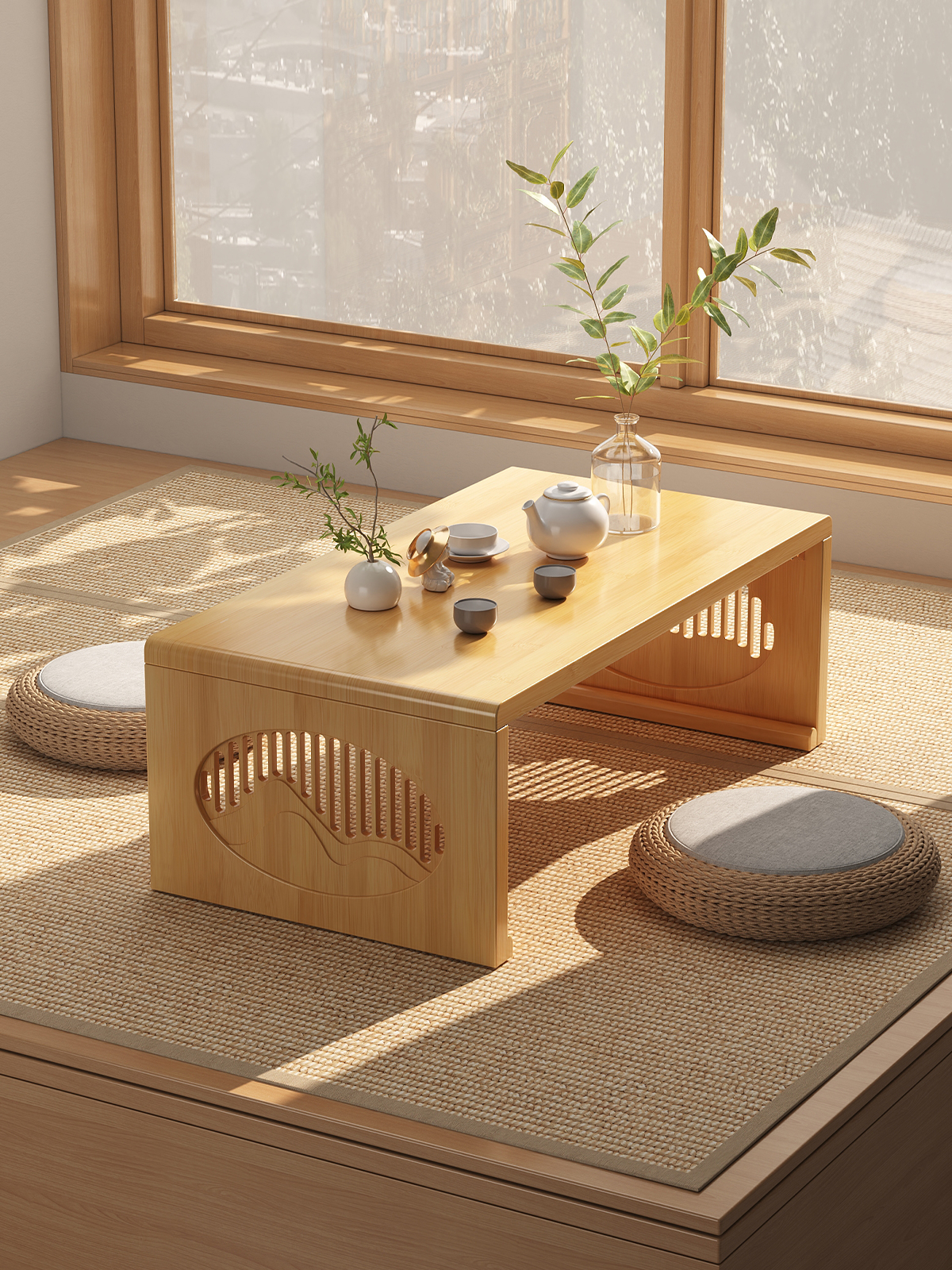 折叠榻榻米茶桌中式飘窗小桌子卧室坐地古风炕桌创意阳台禅意矮桌