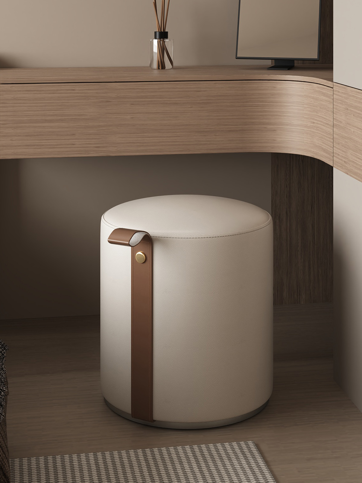 三梦化妆凳轻奢高级感主卧室化妆椅梳妆台单独凳子实木圆凳梳妆凳