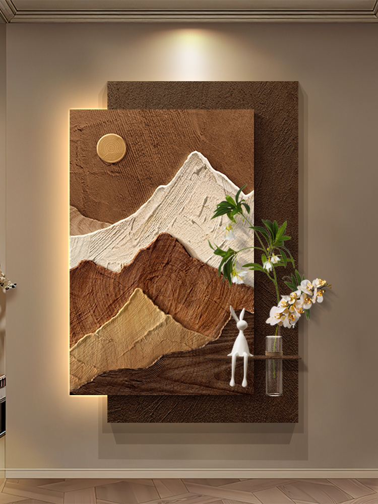 中古风水培绿植入户玄关装饰画背有靠山走廊挂画立体砂岩带灯壁画