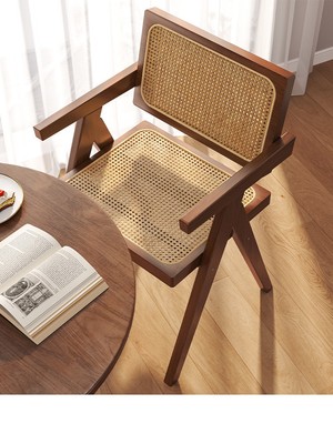 实木餐椅家用昌迪加尔椅餐桌椅中古风扶手藤编椅靠背凳子休闲椅子