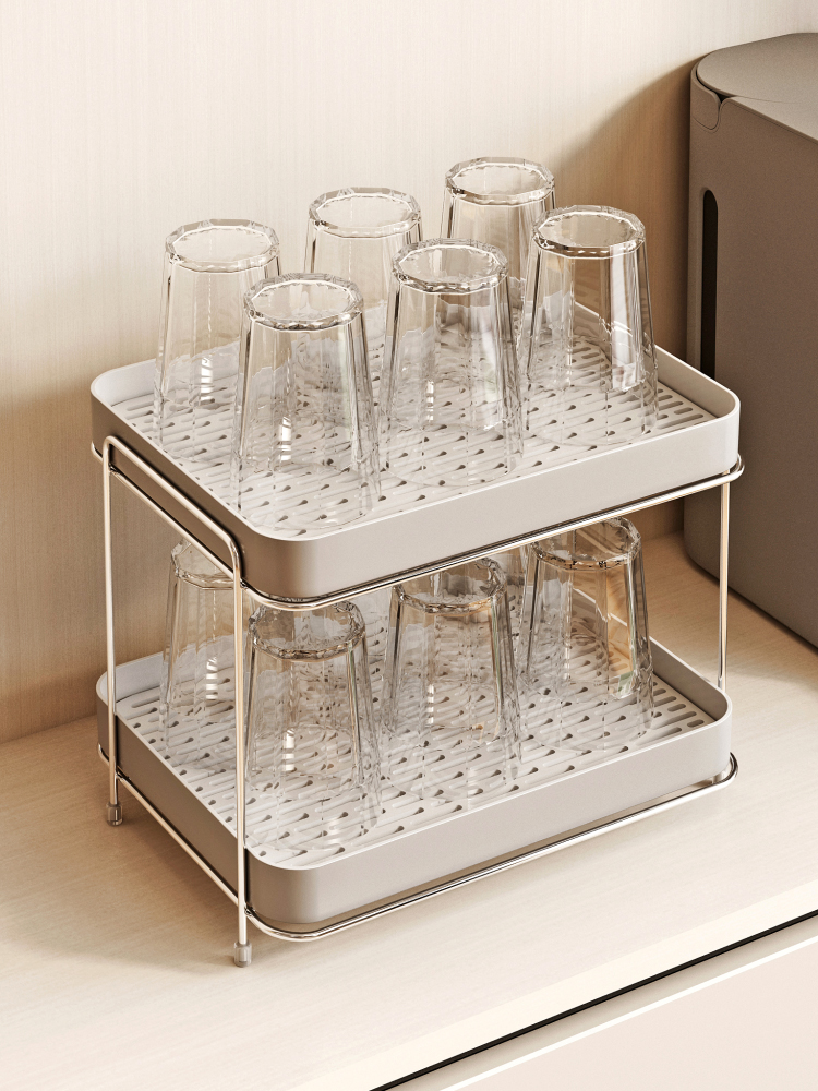 杯子收纳置物架双层沥水托盘杯架家用桌面茶杯茶盘玻璃杯水杯架子