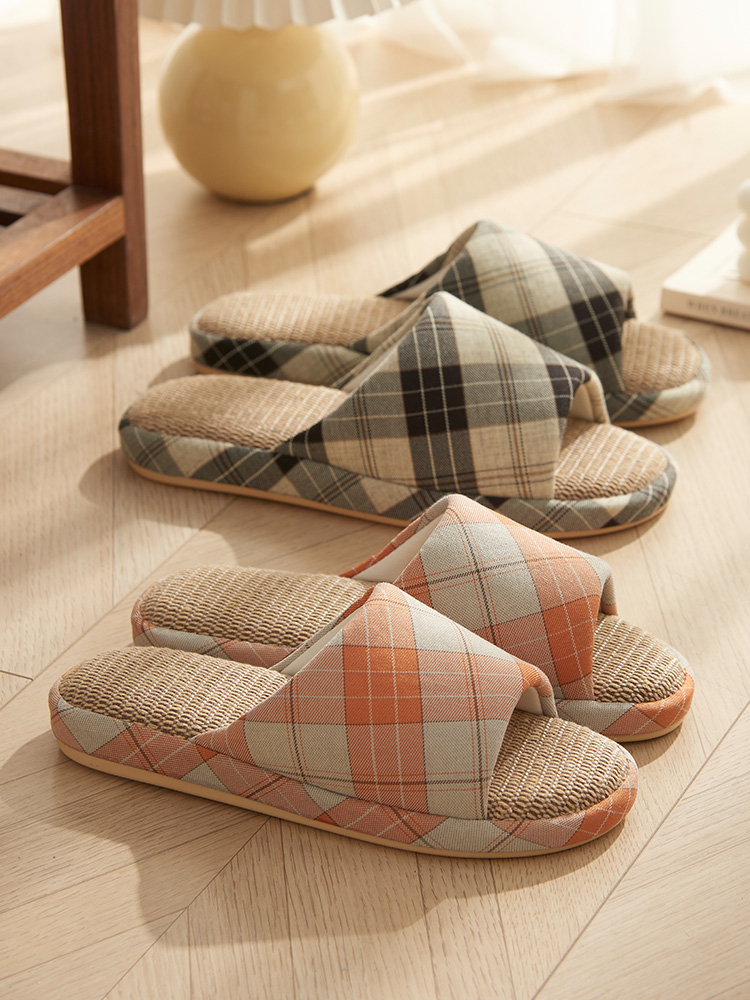 日式木地板静音开口亚麻棉拖鞋女春秋居家室内防滑男四季家用棉麻