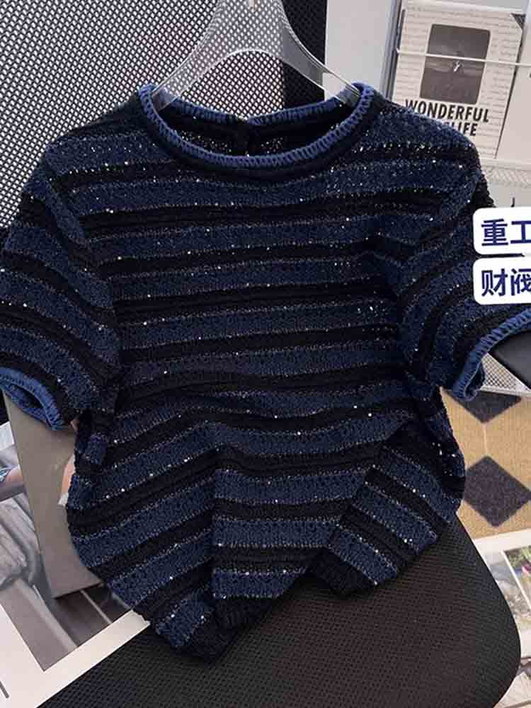 小香风冰丝短袖t恤女夏季2026年新款欧货宽松短款条纹针织衫上衣