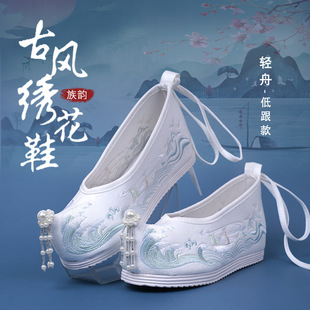 配古代裝 秋季 古風(fēng)鞋 子女漢服內(nèi)增高翹頭履繡花鞋 明制宋制平底布鞋