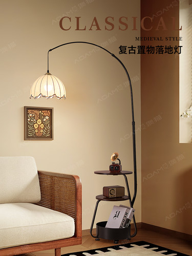 中古复古落地灯客厅沙发旁边几装饰灯书房卧室置物架一体落地台灯