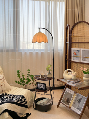 中古风落地灯客厅沙发旁复古置物架一体氛围灯卧室床头柜落地台灯